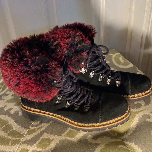 Sam Edelman Women's Bowen Black Suede Raspberry Wine Faux Fur Boots Size 6 - Picture 7 of 12
